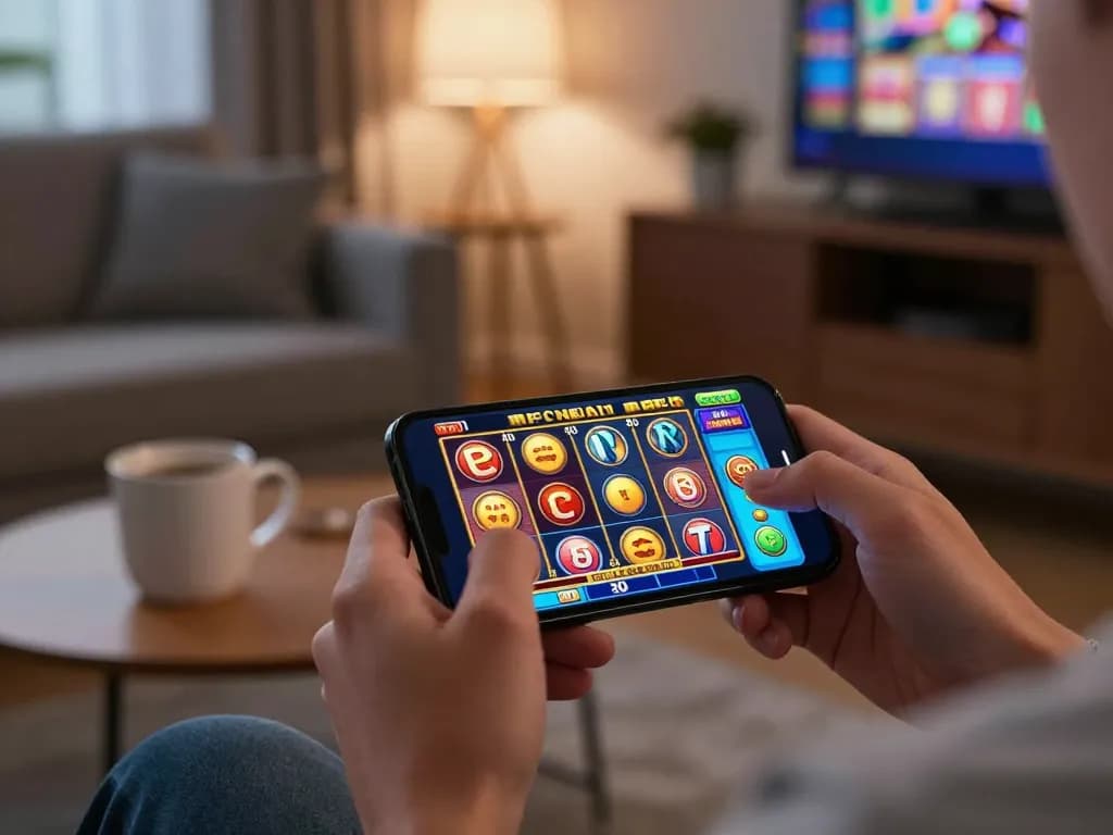 Player getting ready to spin slot reels on smartphone, highlighting online gaming in a cozy atmosphere.