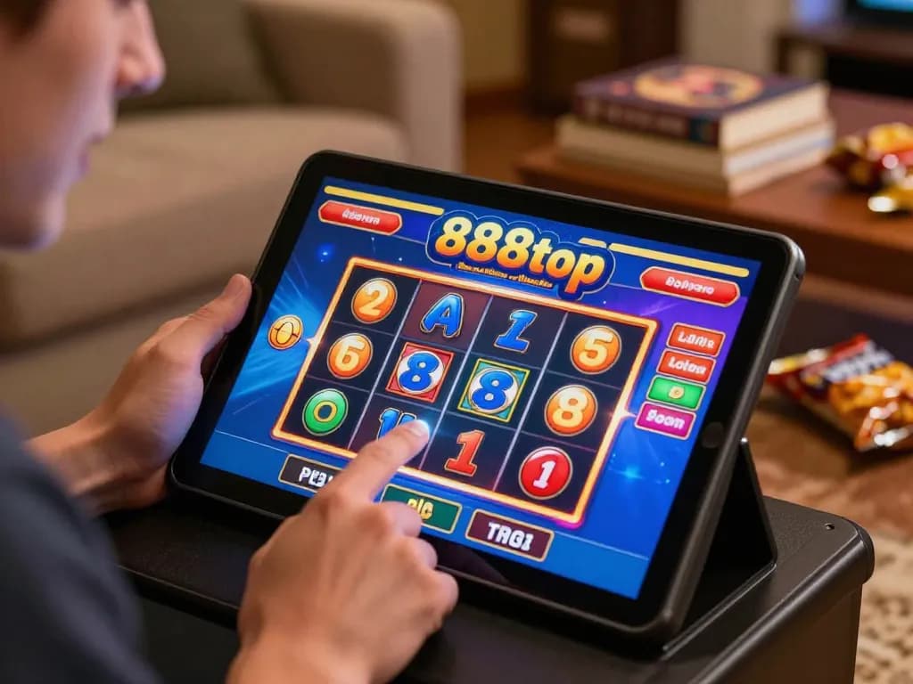 Player enjoying online slots at 888top with vibrant graphics on tablet and cozy atmosphere.