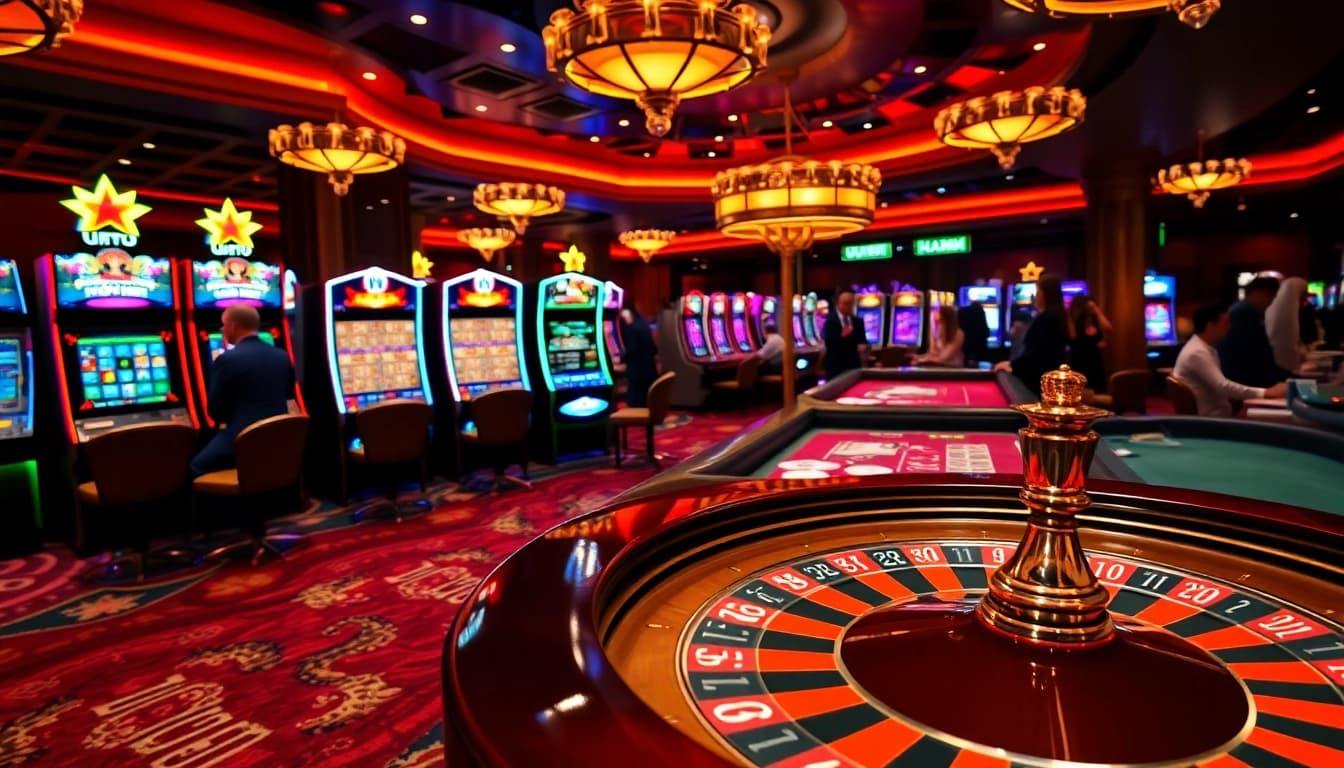 Players engaging in thrilling games at a UU88 casino, showcasing excitement and luxury.