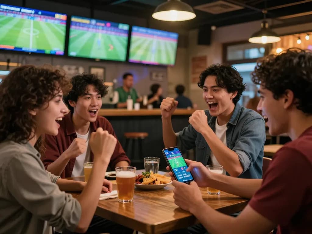 Cá Độ Bóng Đá Online action at a lively sports bar with friends celebrating their bets.