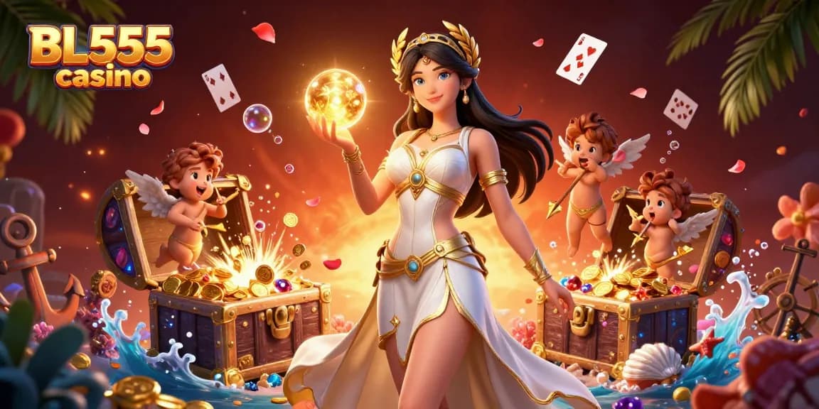 Engage in thrilling gameplay at BL555 casino, showcasing vibrant characters amidst treasures and casino elements.