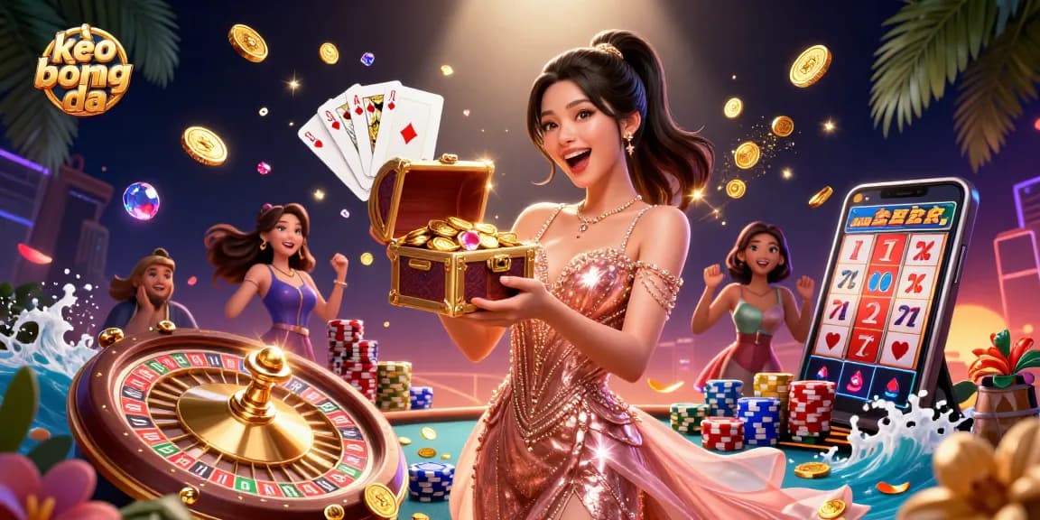 Engage in kèo bóng đá excitement with a joyful Asian woman presenting a treasure chest overflowing with gems.