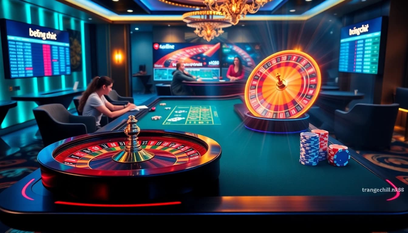 Engaging scene at trang chủ nk88 showcasing poker chips and roulette, highlighting vibrant casino atmosphere.