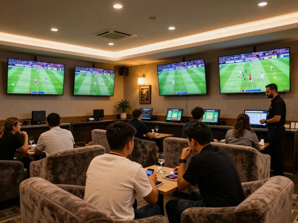 Engaged patrons at SKY88 placing bets in a stylish sportsbook lounge with multiple screens.