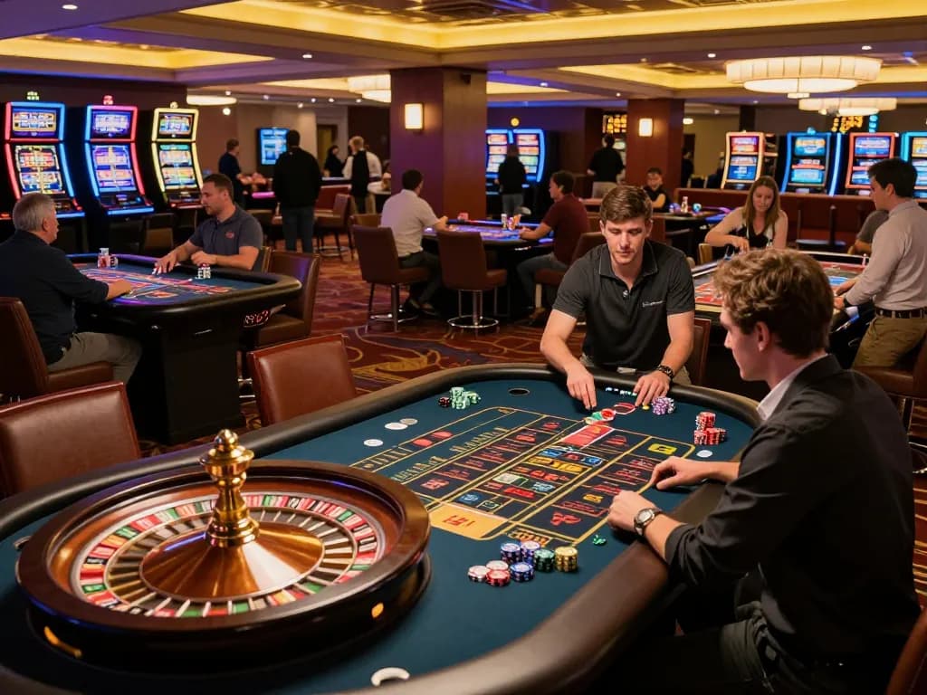 Experience the thrill of FLY88 as players engage in intense gameplay at a vibrant casino floor.