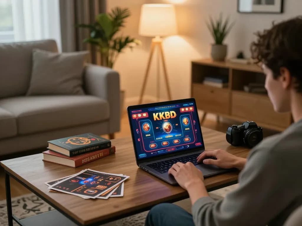 Engaging in online gambling with KKBD in a cozy home setting, highlighting interactive gaming interface.