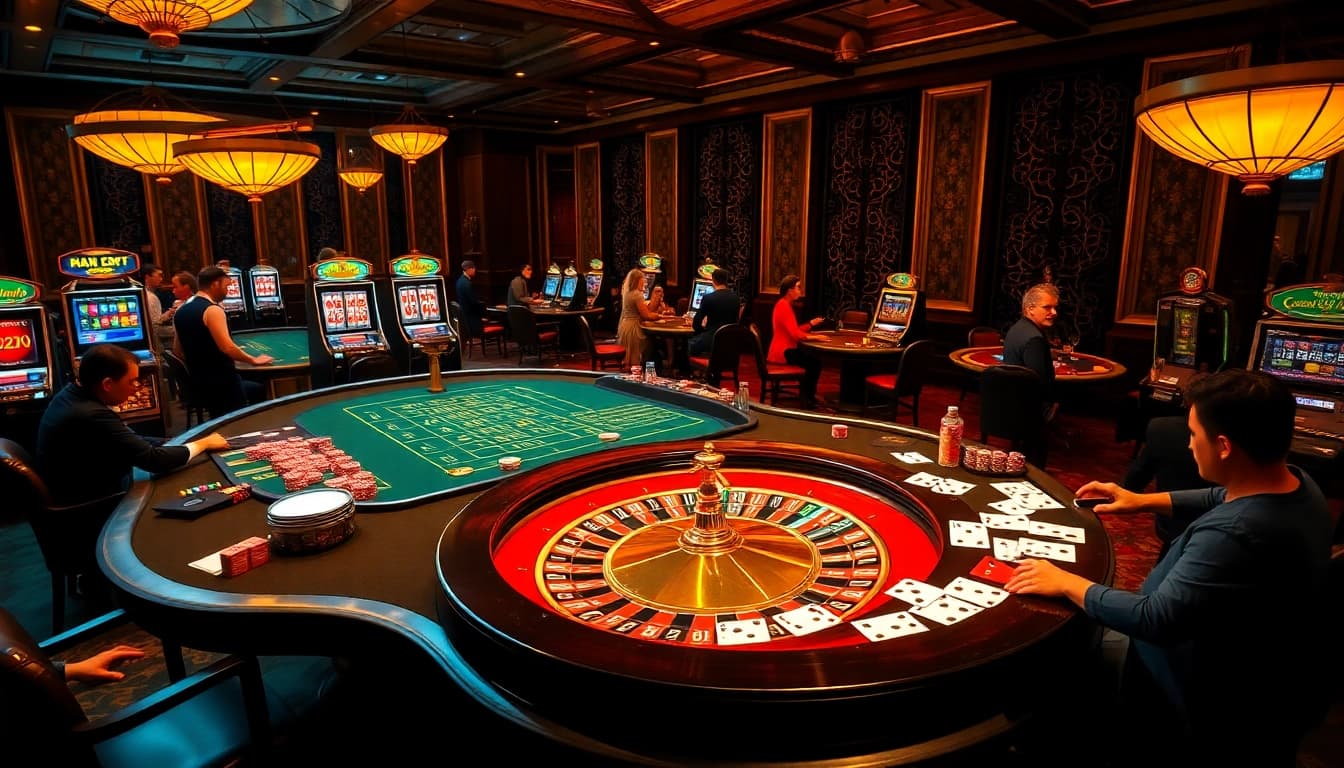 A dynamic gambling scene at https://luongsontv5.com/ with vibrant tables featuring poker chips and roulette wheels.