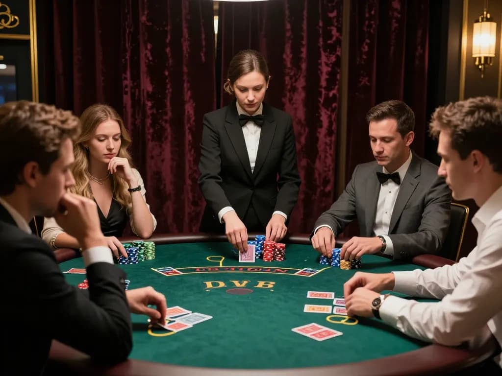 Players strategizing at a blackjack table in a luxurious casino setting, WIN33 gaming experience.