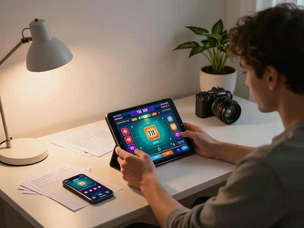 Tài Xỉu online gaming experience in a cozy home setup, showcasing a tablet interface and strategic notes.