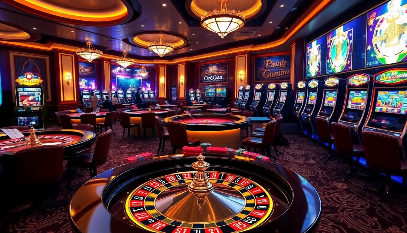 Cổng Game XIN88 showcasing a luxury online casino scene with diverse gambling activities and vibrant elements.
