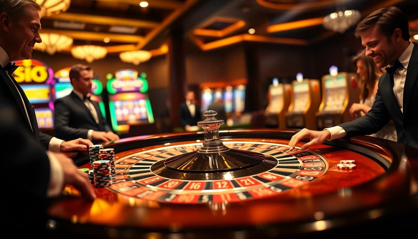 A vibrant casino scene featuring a roulette table and players engaged in action, showcasing the thrill of gambling at https://hbbet4.art/ with colorful betting chips.