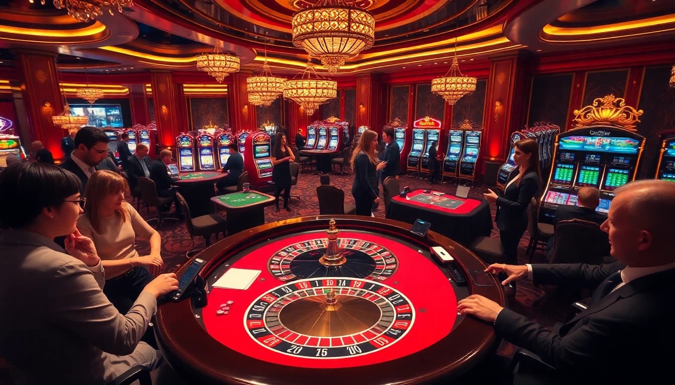 Experience thrilling gameplay at https://thabett.io/ with players engaging at a roulette table in a luxurious casino environment.