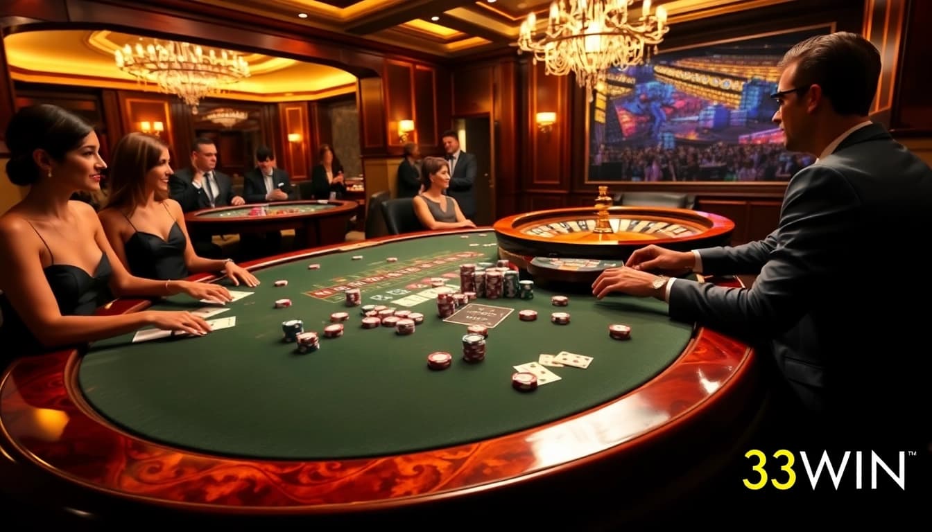 Engaging players at a blackjack table while highlighting gambling excitement with 33WIN.