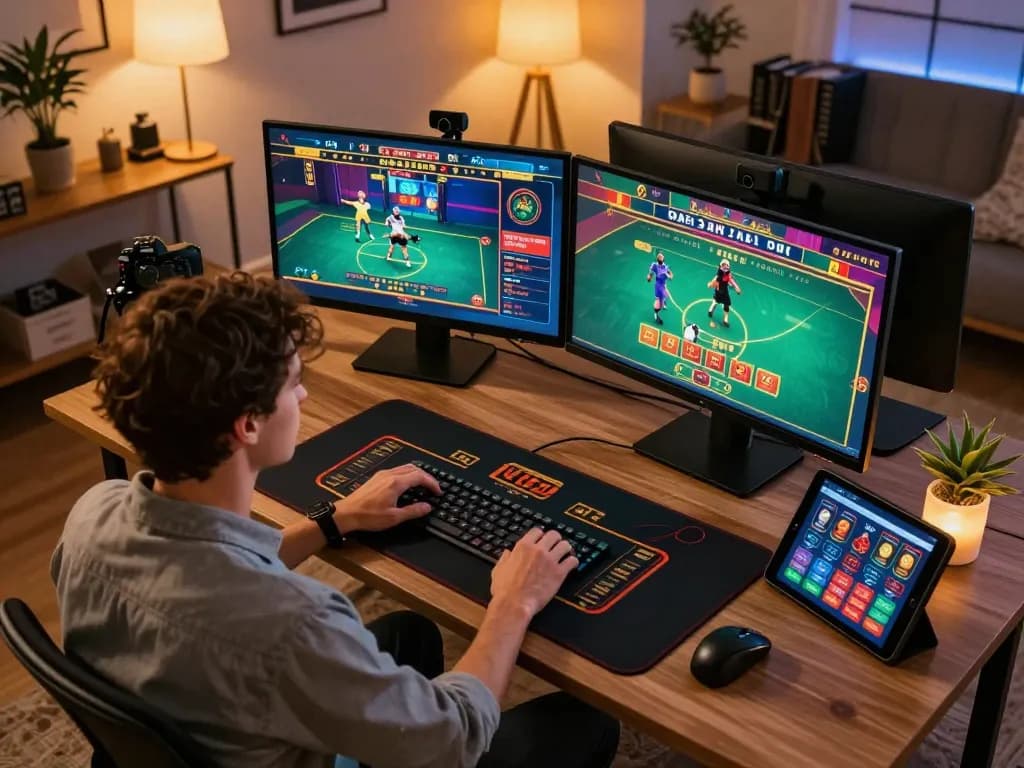 Player engaging in online gaming action at 9win with dynamic game displays and cozy setting