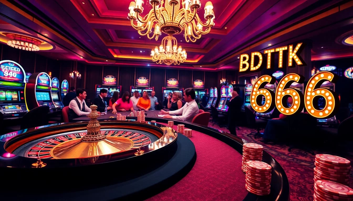 Experience the thrill of gaming at a luxury casino with BDTK66 decor, featuring roulette and poker excitement.