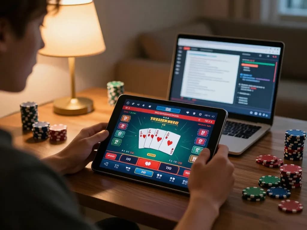 Person using sunwin app for online gaming, showing strategic bets on tablet in cozy home setting