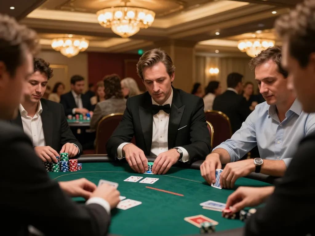 Players engage in a strategic poker game at MM88 casino with vibrant atmosphere and warm lighting