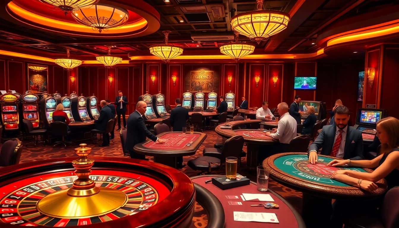 A dynamic casino scene highlighting excitement as players engage with the hidden wiki-themed roulette and poker games.