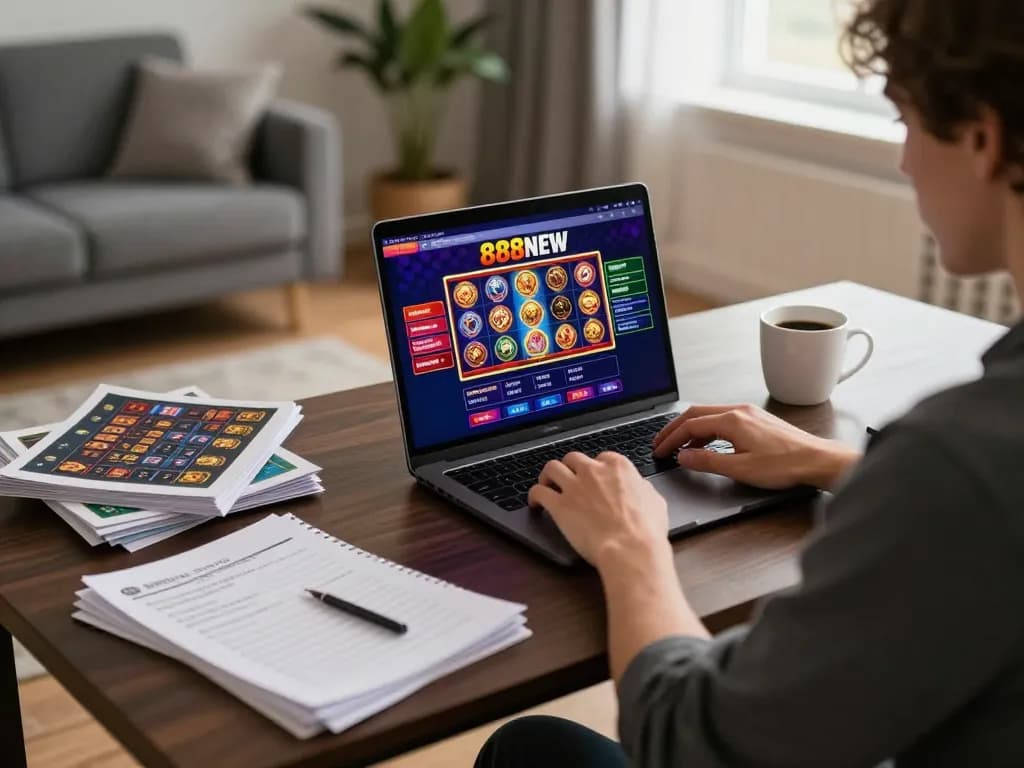Engaging online gaming session at 888NEW, showcasing colorful slot interface and strategic gambling notes.