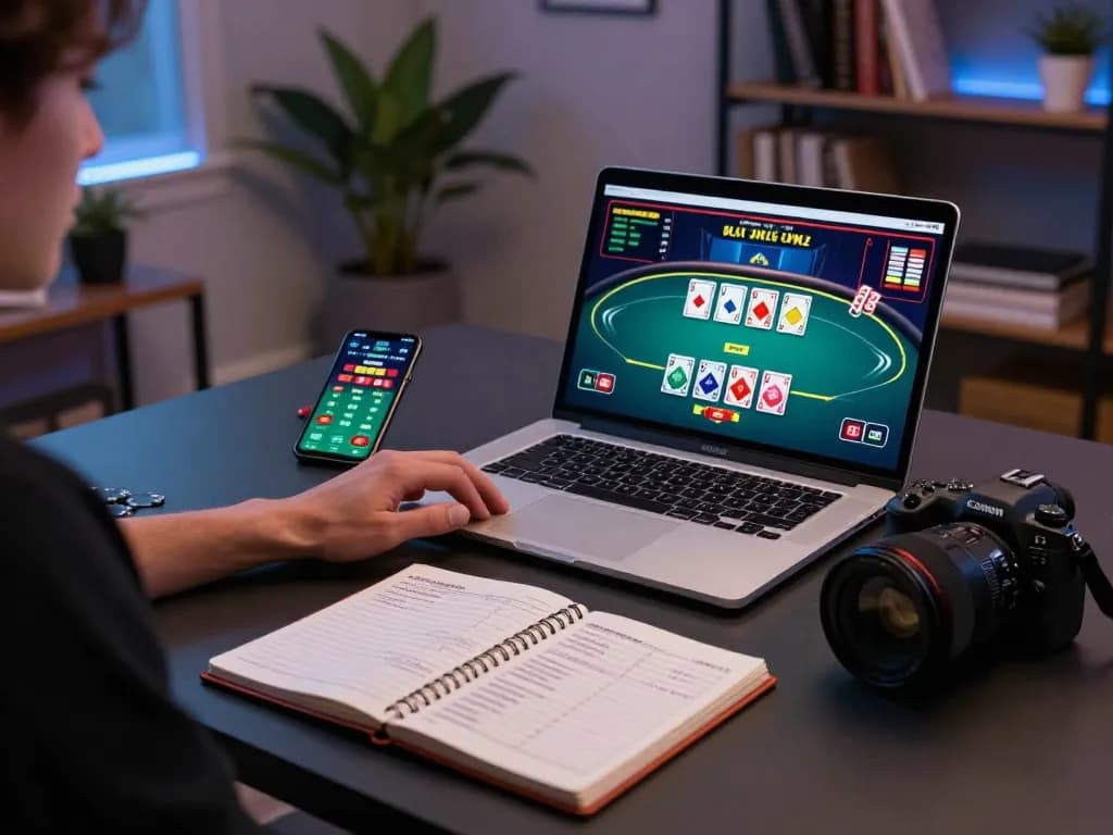 Engaging in responsible online gaming at https://go8.agency/ with a live poker game displayed on a laptop, smartphone nearby.