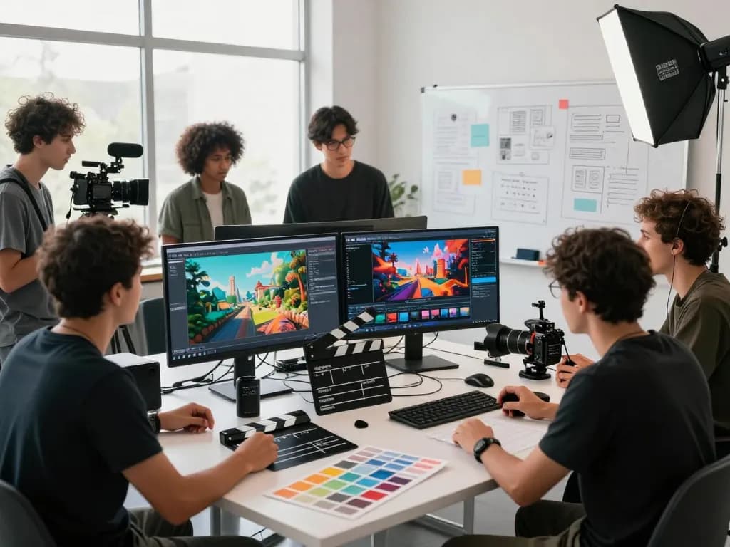 Filmmakers using Seedance 2.0 for AI-generated video production in a creative studio.