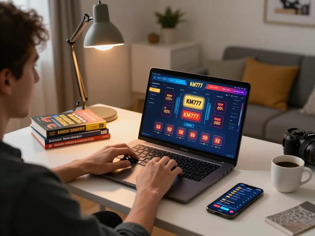 Engaging in online gambling on KM777 platform with laptop and smartphone in cozy office setting