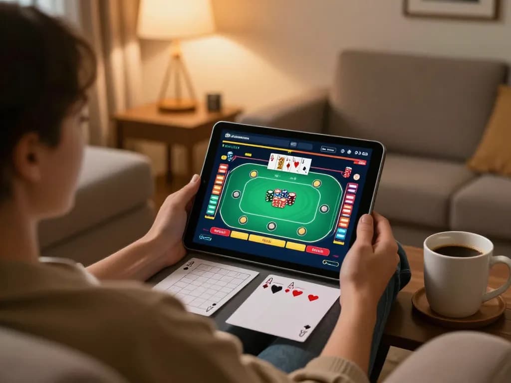 Player engages with tr88's online poker game on a cozy home setup, surrounded by strategy notes and warm lighting.