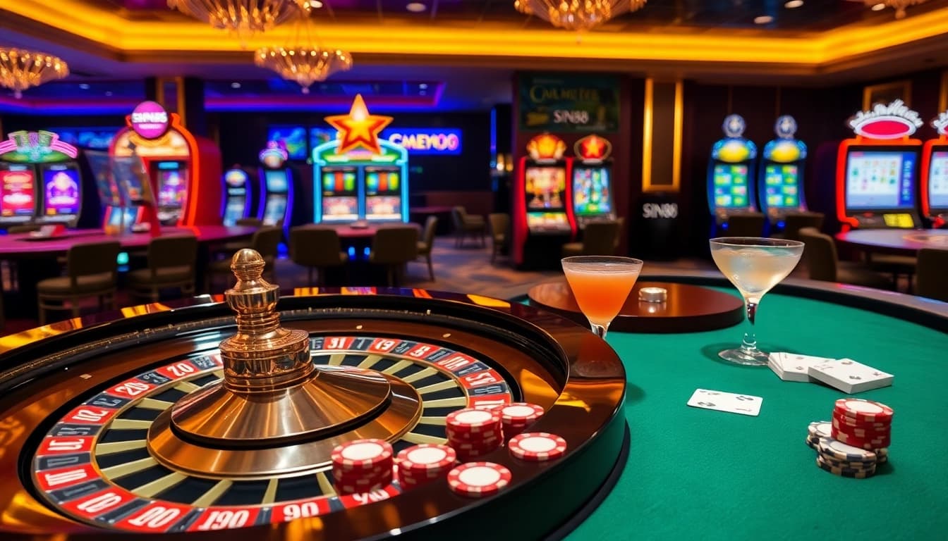 SIN88 logo visible on luxurious roulette table surrounded by poker cards and slot machines.