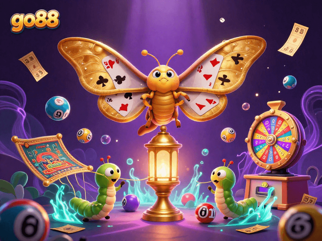 Experience the excitement of go88 with a dynamic casino-themed 3D illustration featuring vibrant lottery balls, games, and golden elements.