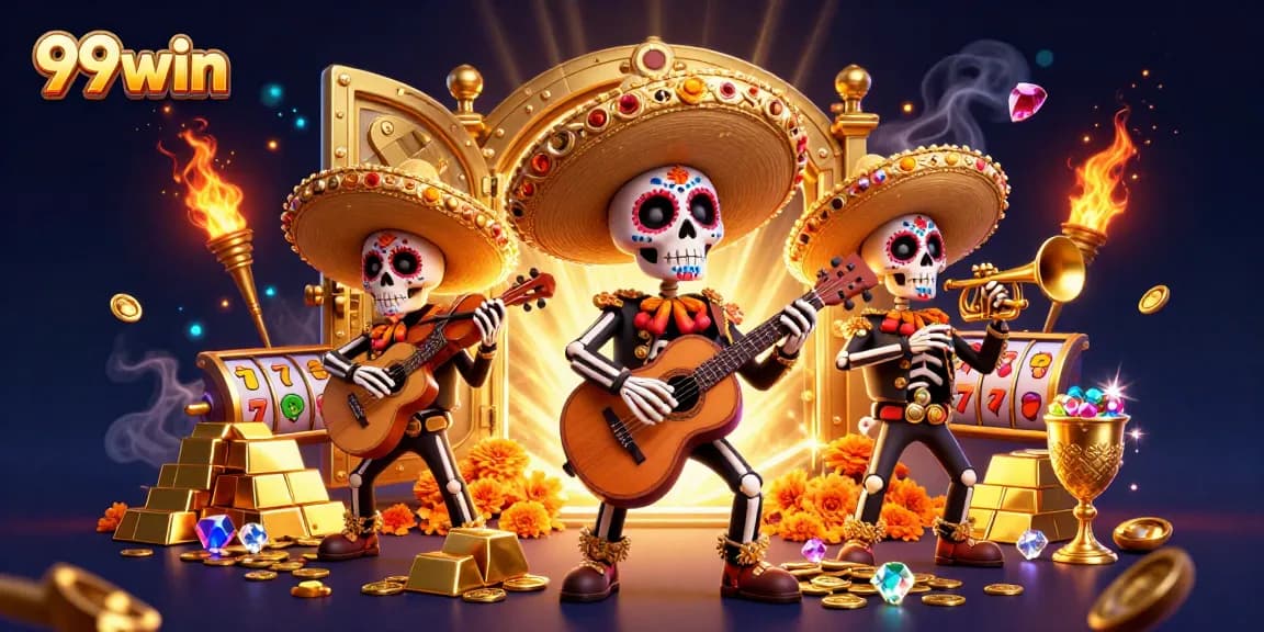 Experience the vibrant energy of 99win with a lively mariachi band in a rich casino scene filled with treasures.