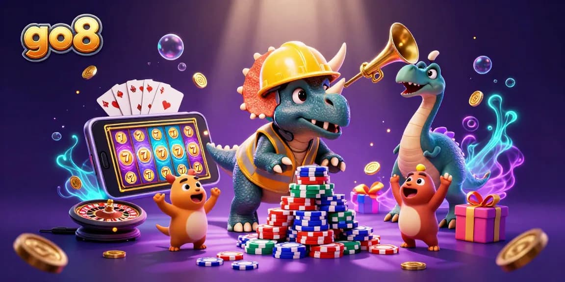 go8-themed casino scene with animated dinosaurs celebrating a poker chip pyramid, enhancing gaming excitement