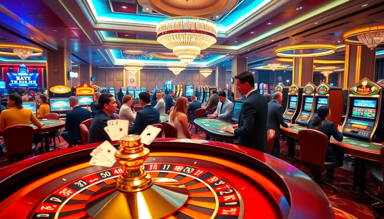 SAY88 casino scene with players gambling at poker tables and slot machines, showcasing a vibrant atmosphere.
