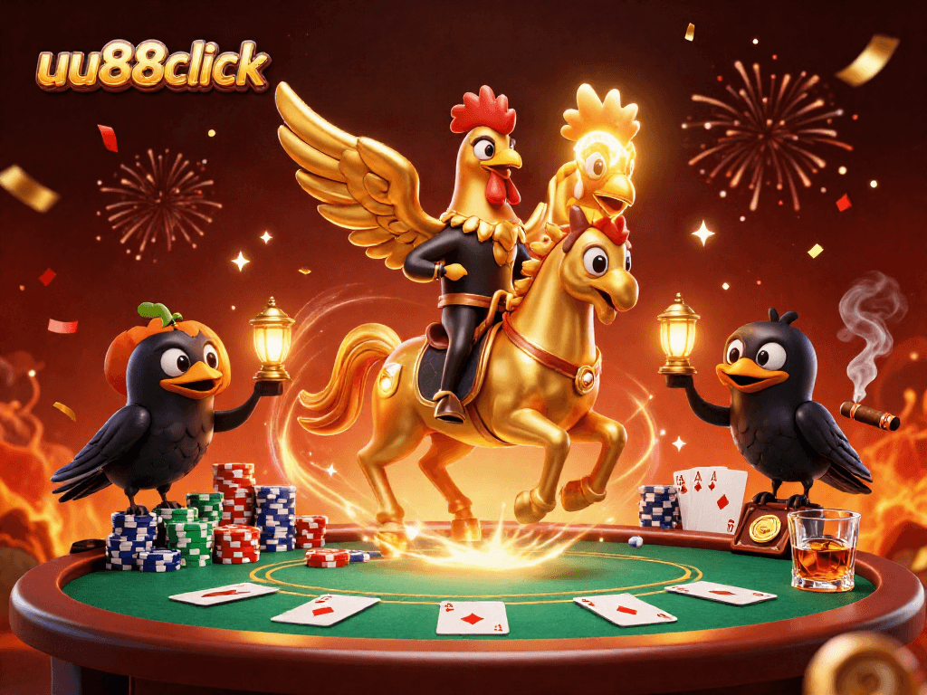 uu88click showcases vibrant casino excitement with a golden rooster in action.