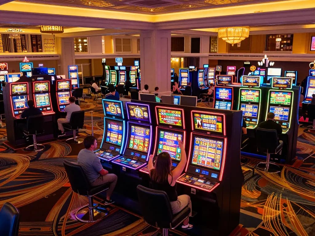 Nohu players enjoying vibrant slot machines and celebrating wins on the casino floor