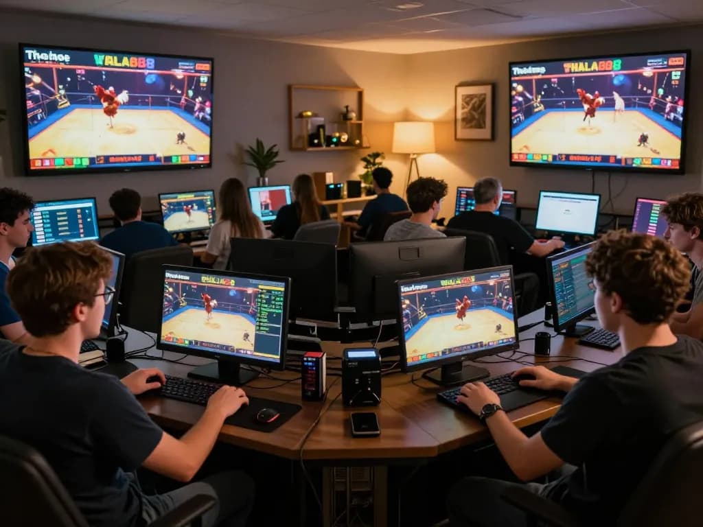 Players actively betting on WALA88 live chicken fights from their cozy home setup with multiple screens.