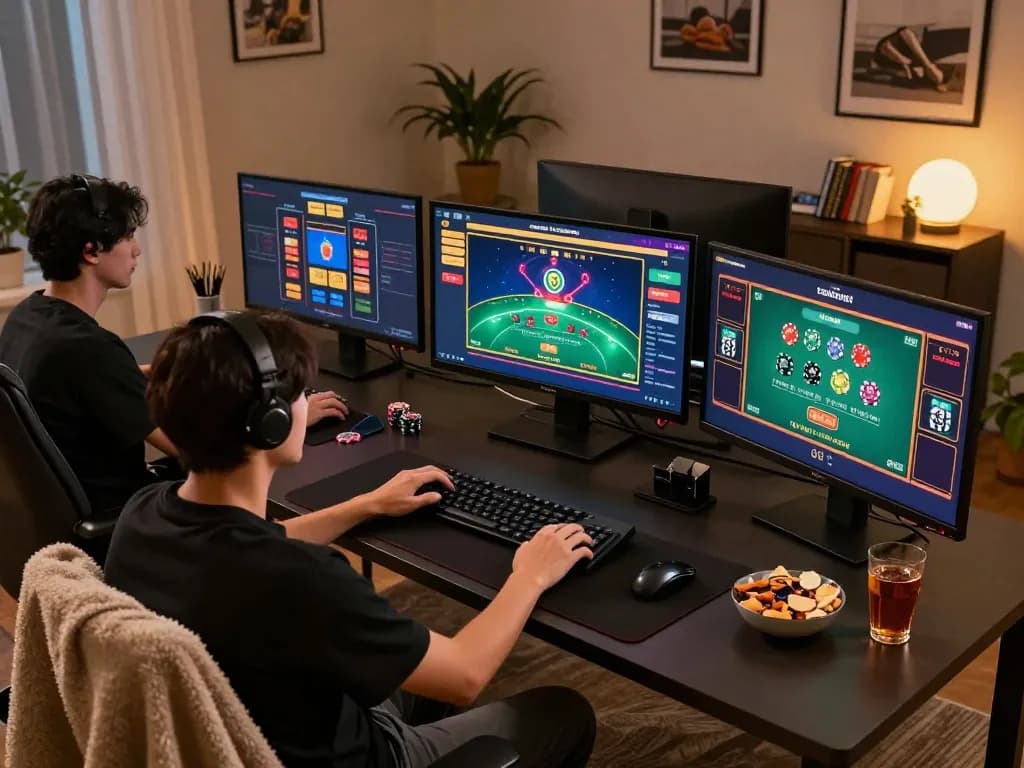 Player engaging with digital casino games at BL555, showcasing online betting interface and cozy gaming setup