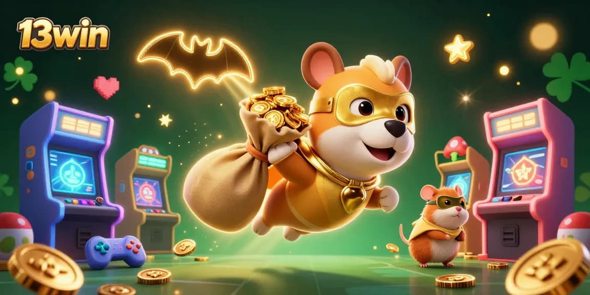 Win big with 13win in this vibrant 3D illustration featuring a superhero dog and arcade elements.