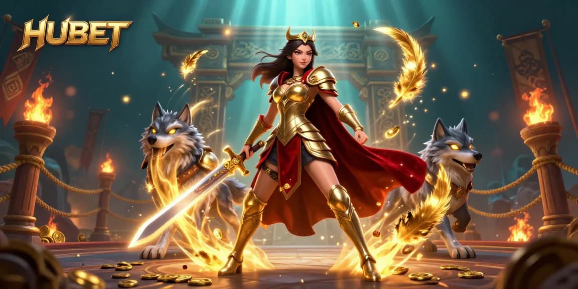 Experience thrilling betting action at HUBET with a majestic warrior queen and mystical wolf on display.