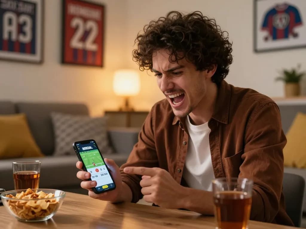 Engaged bettor using the NOWGOAL app for real-time soccer scores while relaxing at home.