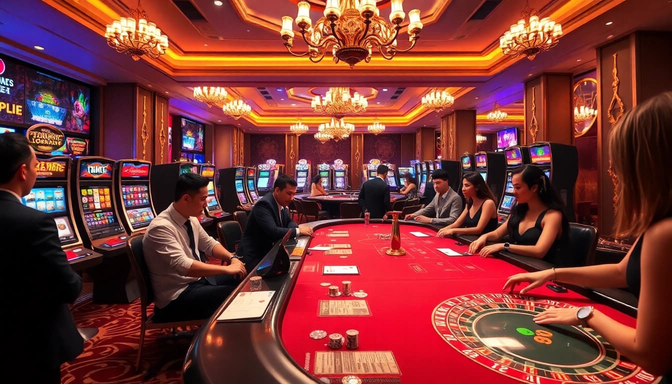Image depicting an exciting casino floor scene highlighting trang chủ tk88, featuring players at poker and roulette tables.
