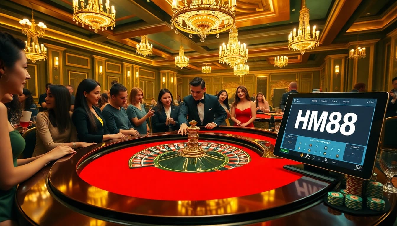 Experience the thrill of HM88 at a luxurious casino with roulette, poker chips, and vibrant players.