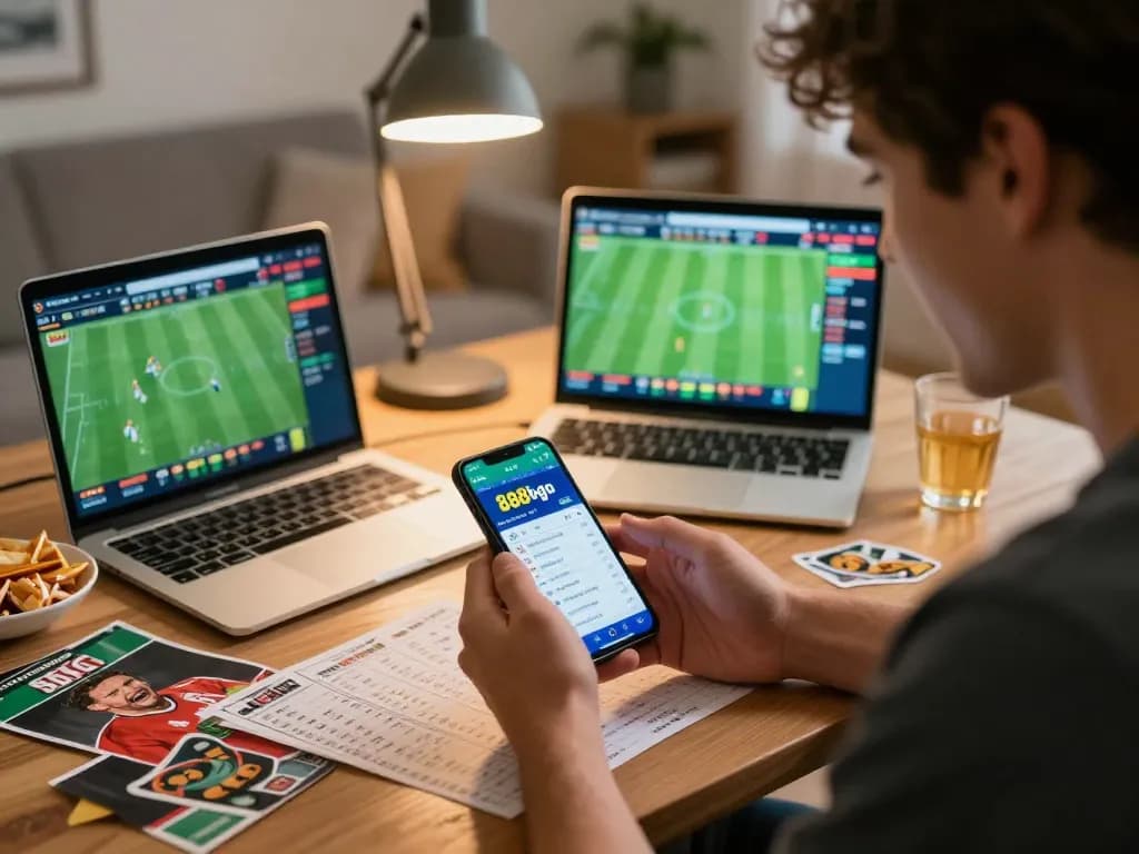 Engaging in live betting with the 888bgo app on a smartphone, surrounded by a cozy home atmosphere.
