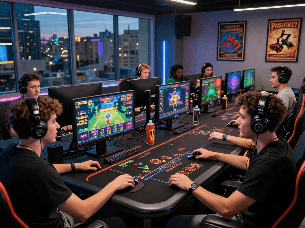 KOMBET168 online gaming session with diverse players in a modern gaming room, showcasing vibrant graphics and engaging atmosphere.