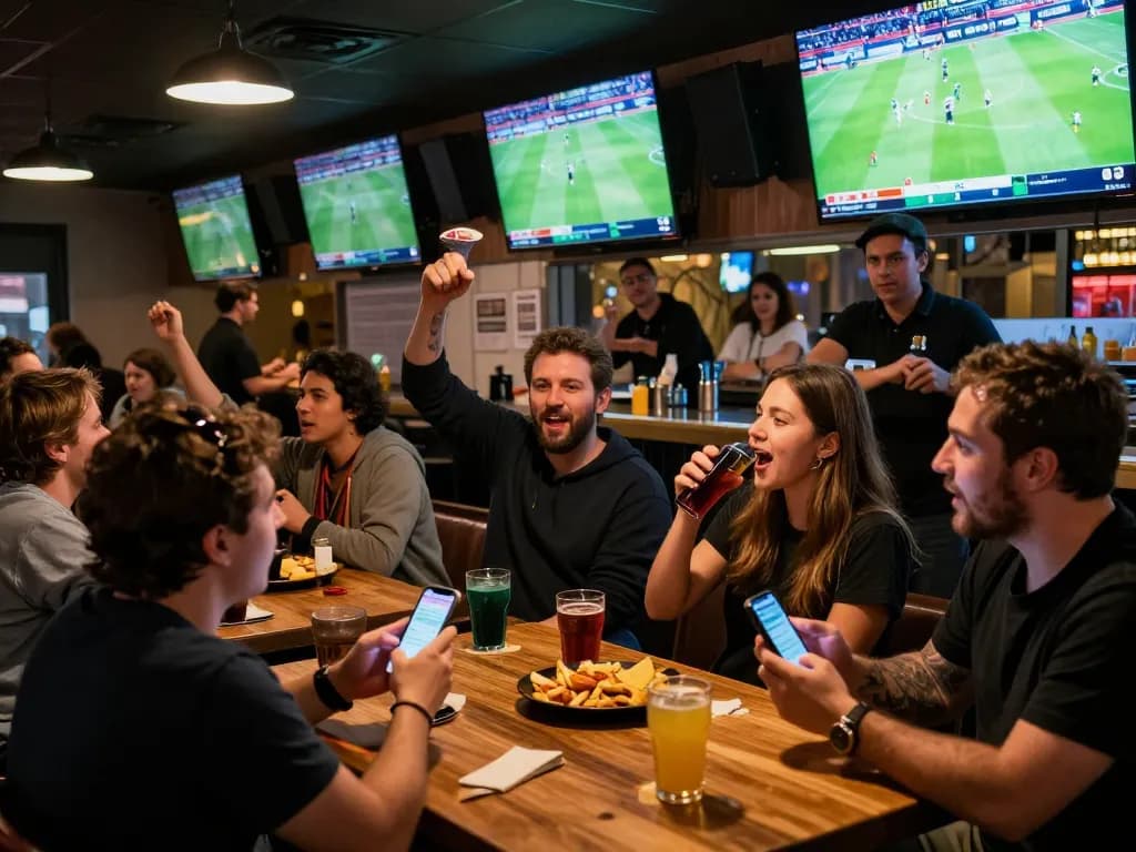 Tỷ lệ kèo nhà cái hôm nay displayed as sports fans cheer and place bets at lively sports bar