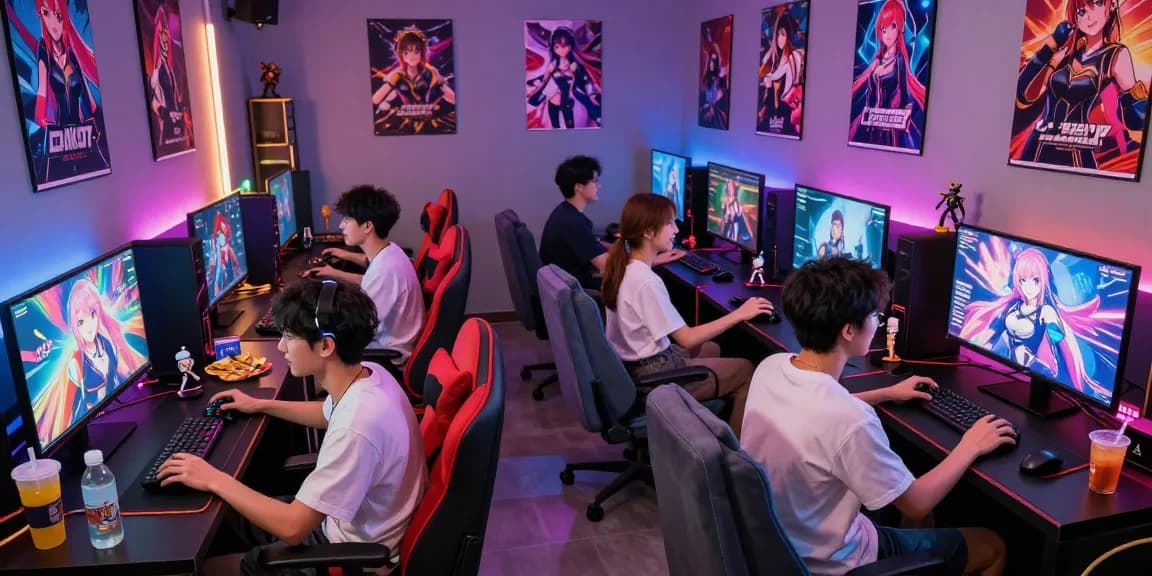Engaged gamers playing ecchi games online in a colorful lounge setting.