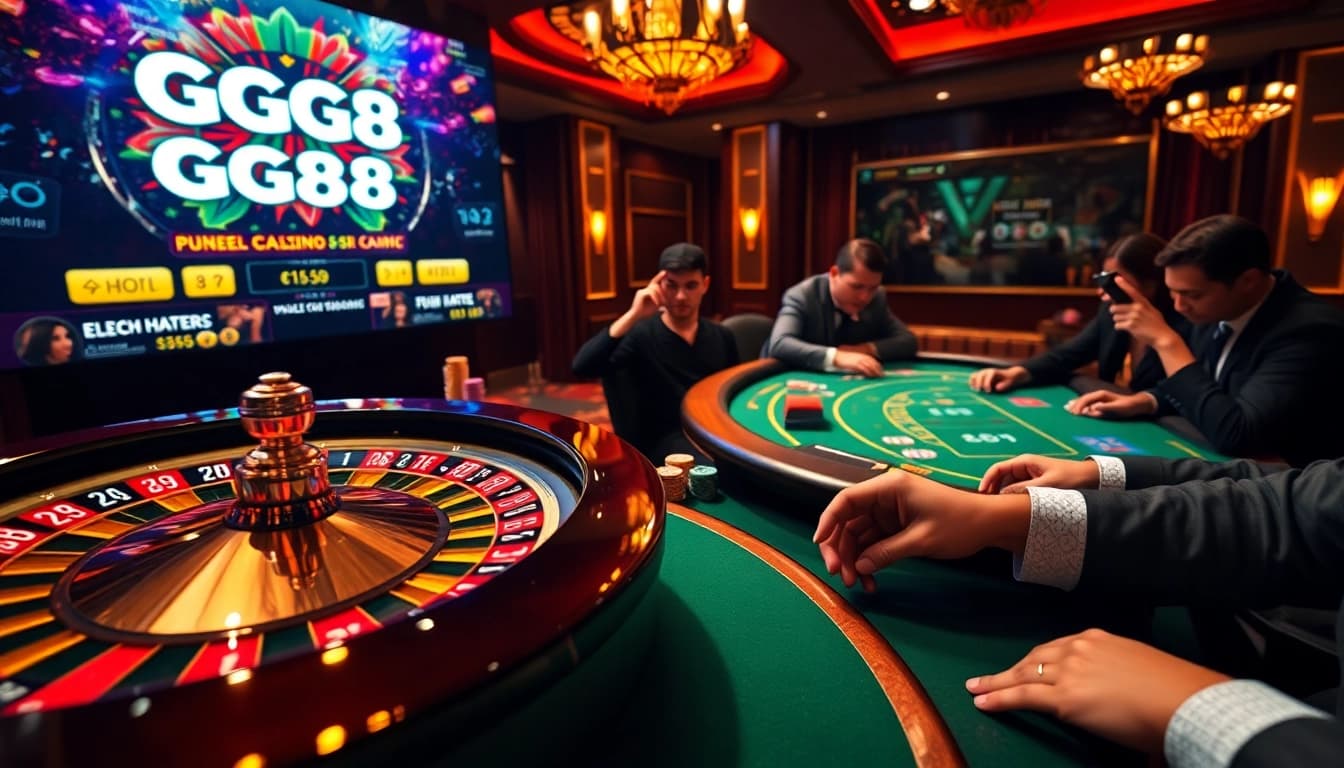 Experience the thrill of gambling with GG88 at an elegant casino table featuring vibrant chips and cards.