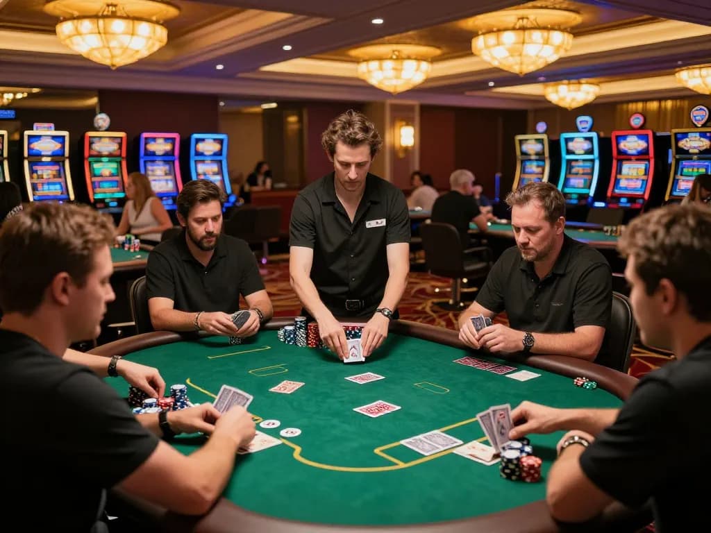 Players engaging in an exciting poker game at https://qtr88.com/, showcasing vibrant casino atmosphere and strategic gameplay.