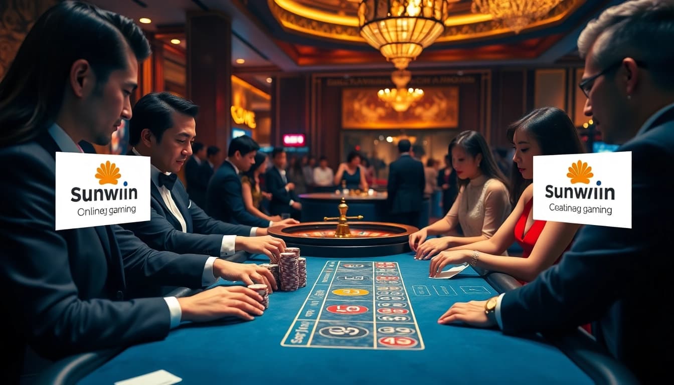 Engage with Đăng ký Sunwin at a vibrant casino scene with players at a high-stakes poker table.
