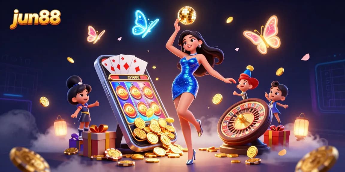 Experience winning with jun88’s vibrant 3D casino illustration of a glamorous gaming scene.