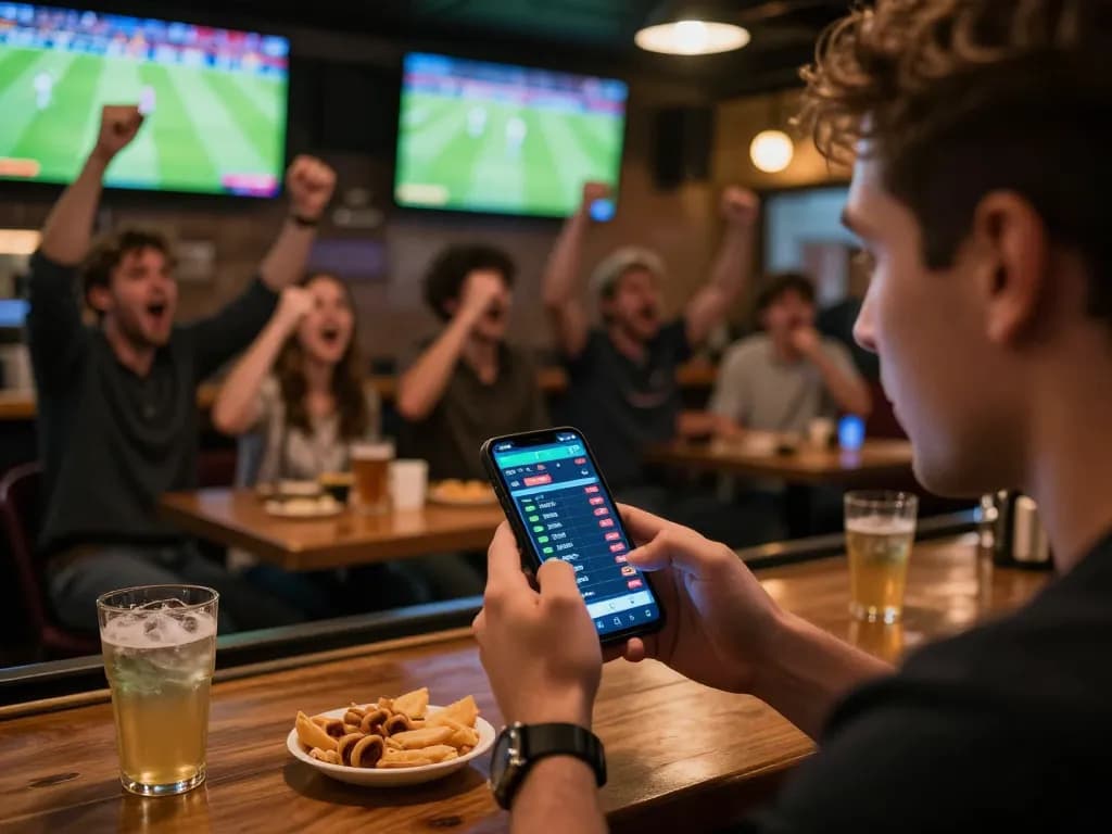 Person engaging in live sports betting using a smartphone at a lively bar while enjoying the game with friends at tylekeonhacai88